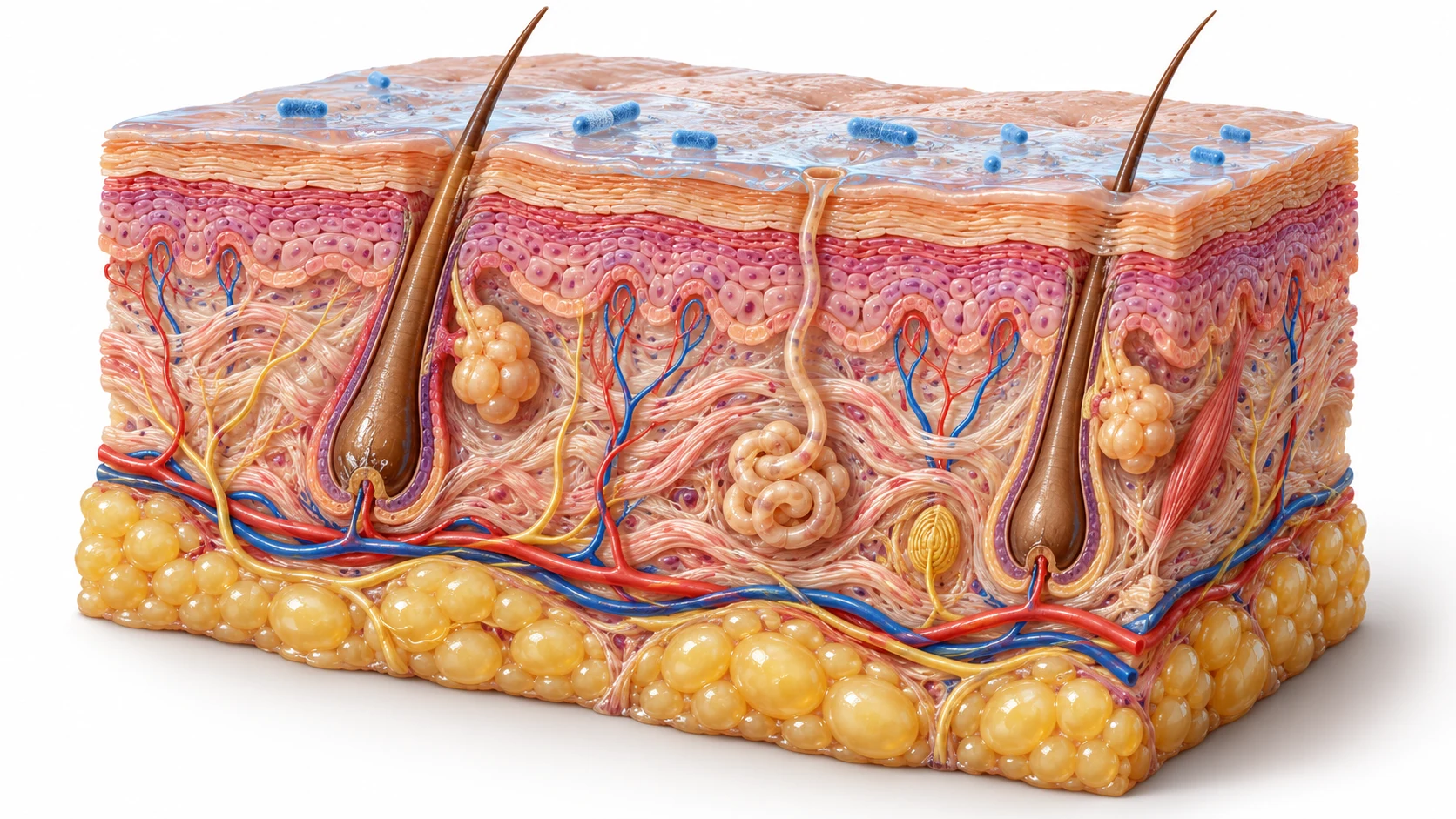 Cross-section illustration of the skin layers: epidermis, dermis, hypodermis, hair root, oil and sweat glands, blood vessels and fat cells
